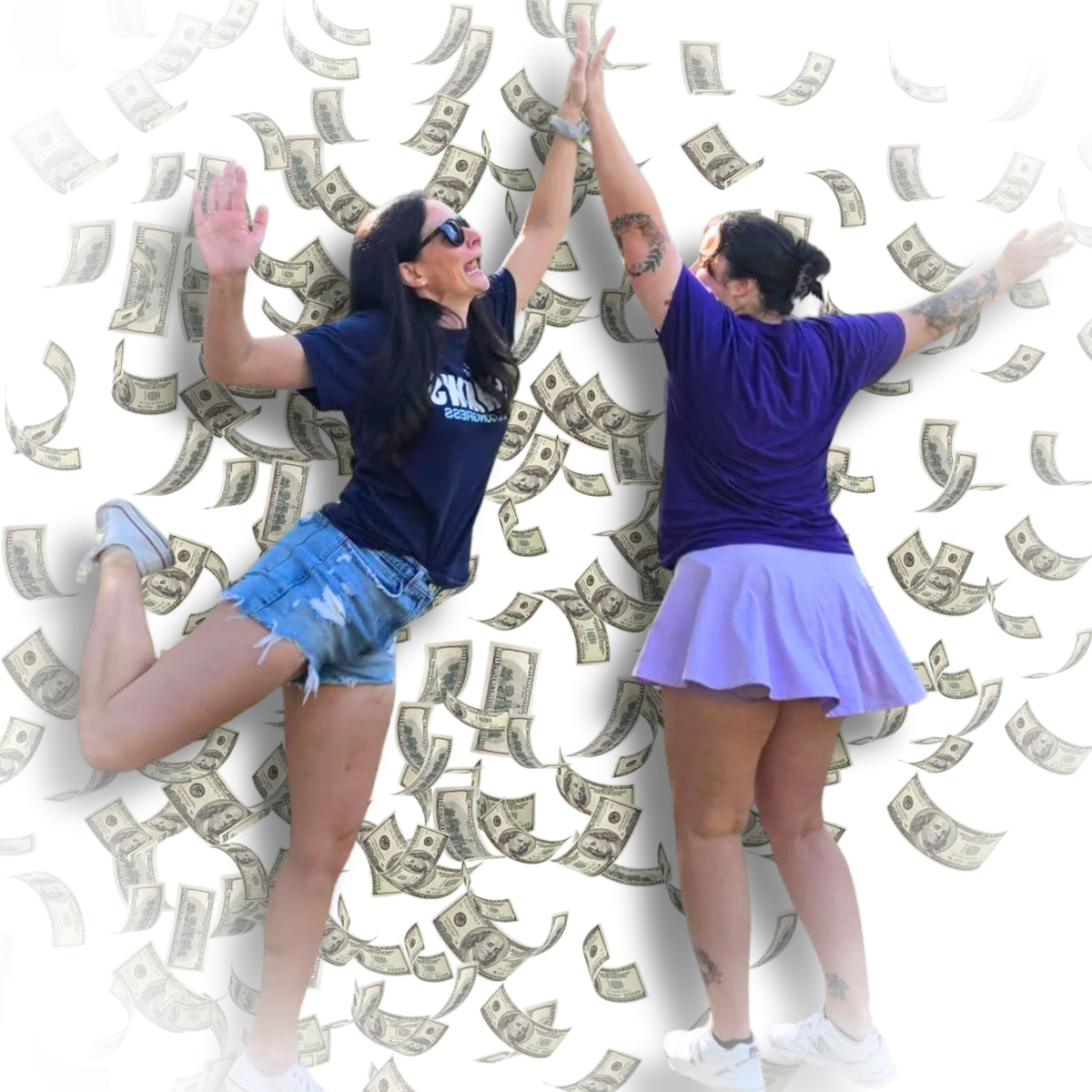Jennifer Jenkins jumping and high-fiving as cash rains down